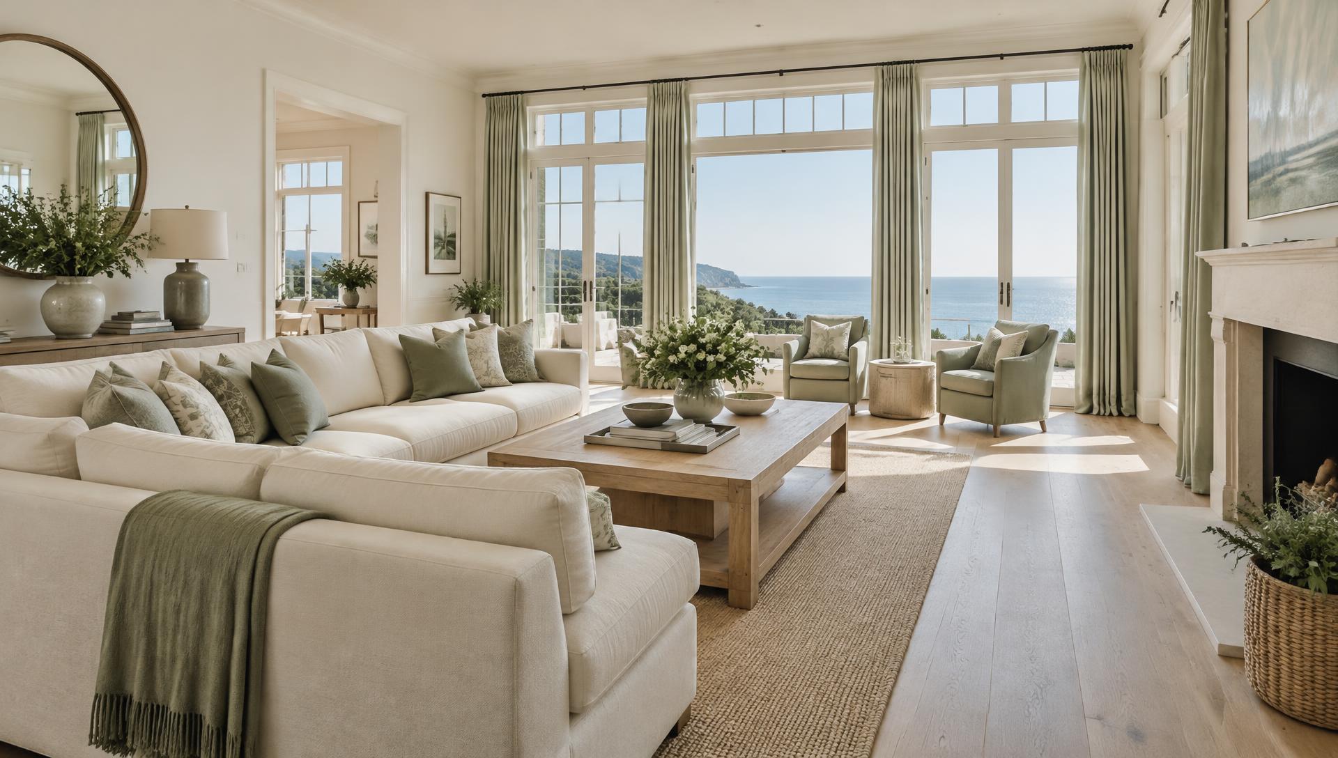 Sunlit coastal estate living room