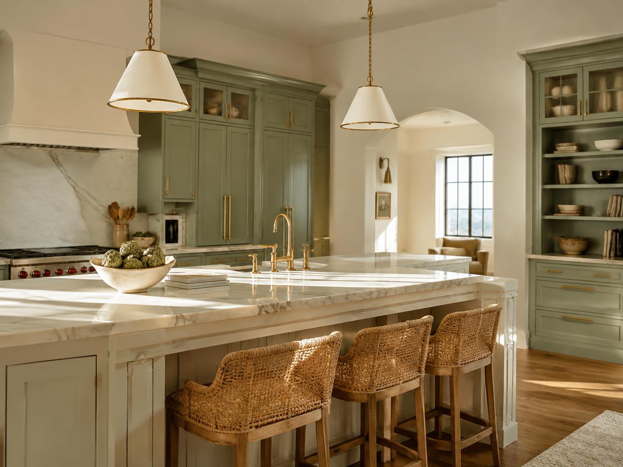 Immaculate sage kitchen with marble island